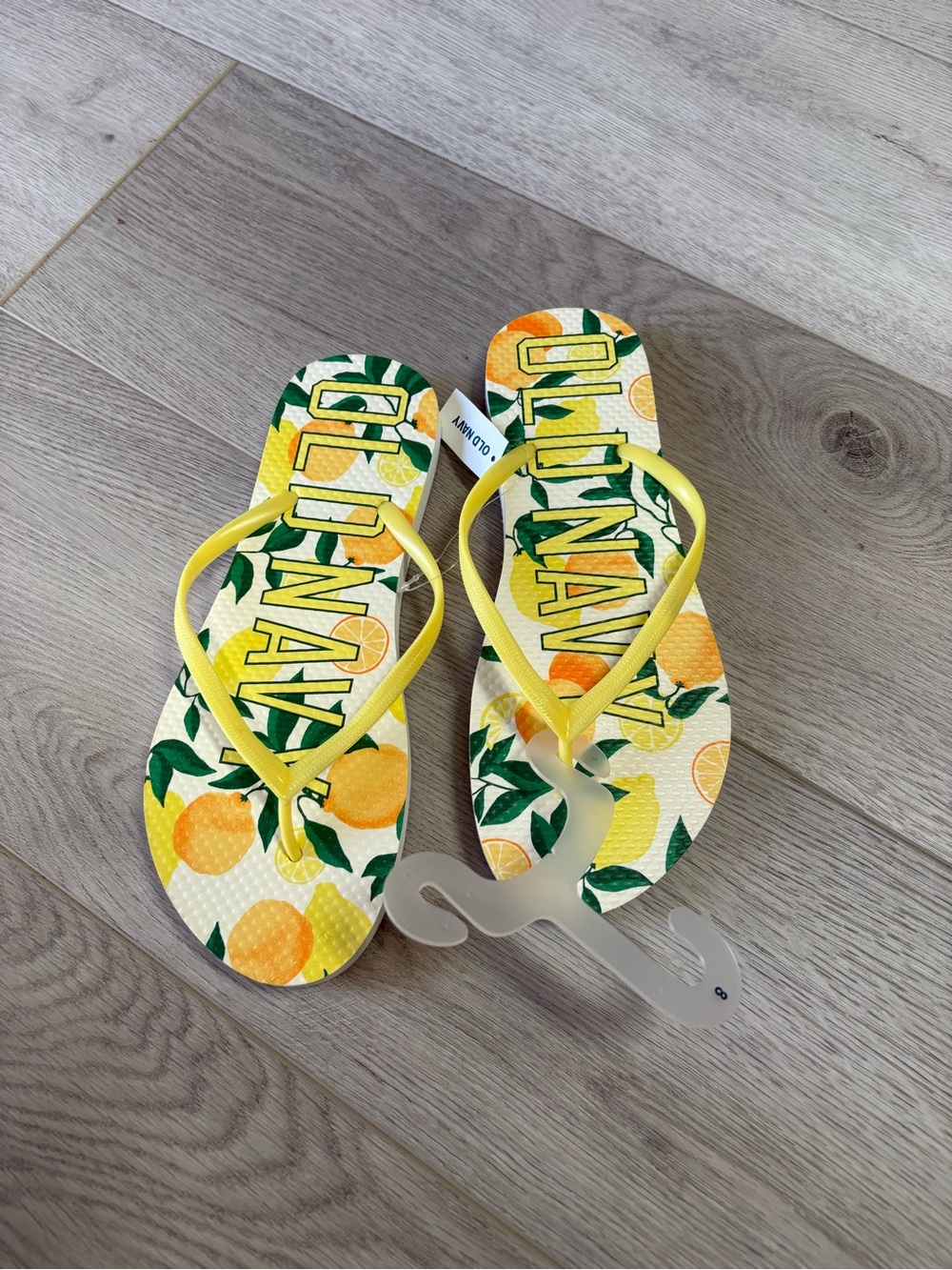 Old Navy Yellow Citrus Print Flip Flops with Green Accents